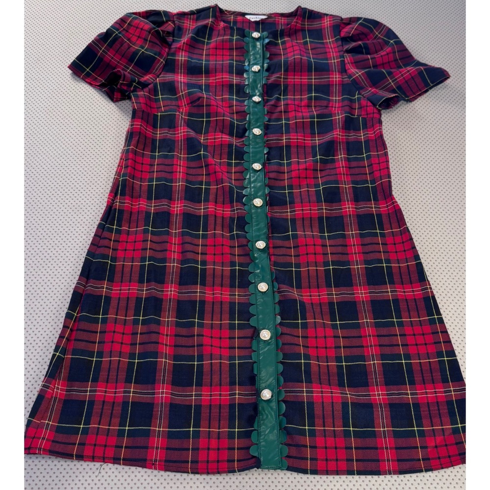 Fashion Red Plaid Tartan Shift Dress Green Scalloped Pearl Button Women's Medium